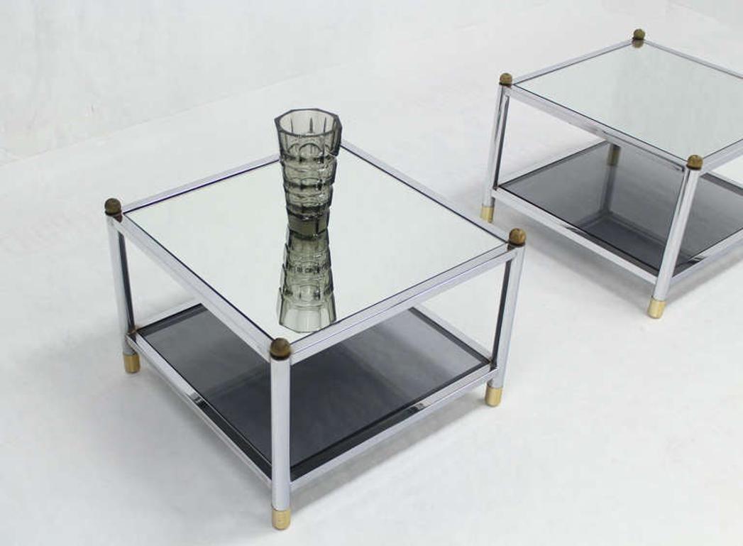 Pair Square Chrome & Brass Smoked Glass Shelf Mirrored Top End Side Tables MINT! For Sale 1