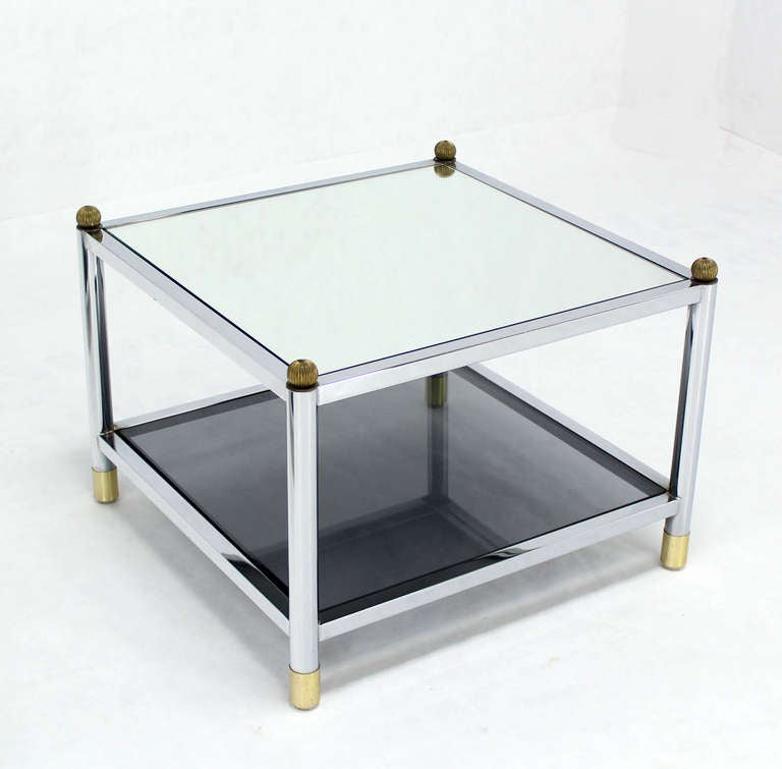 Pair Square Chrome & Brass Smoked Glass Shelf Mirrored Top End Side Tables MINT! For Sale 2