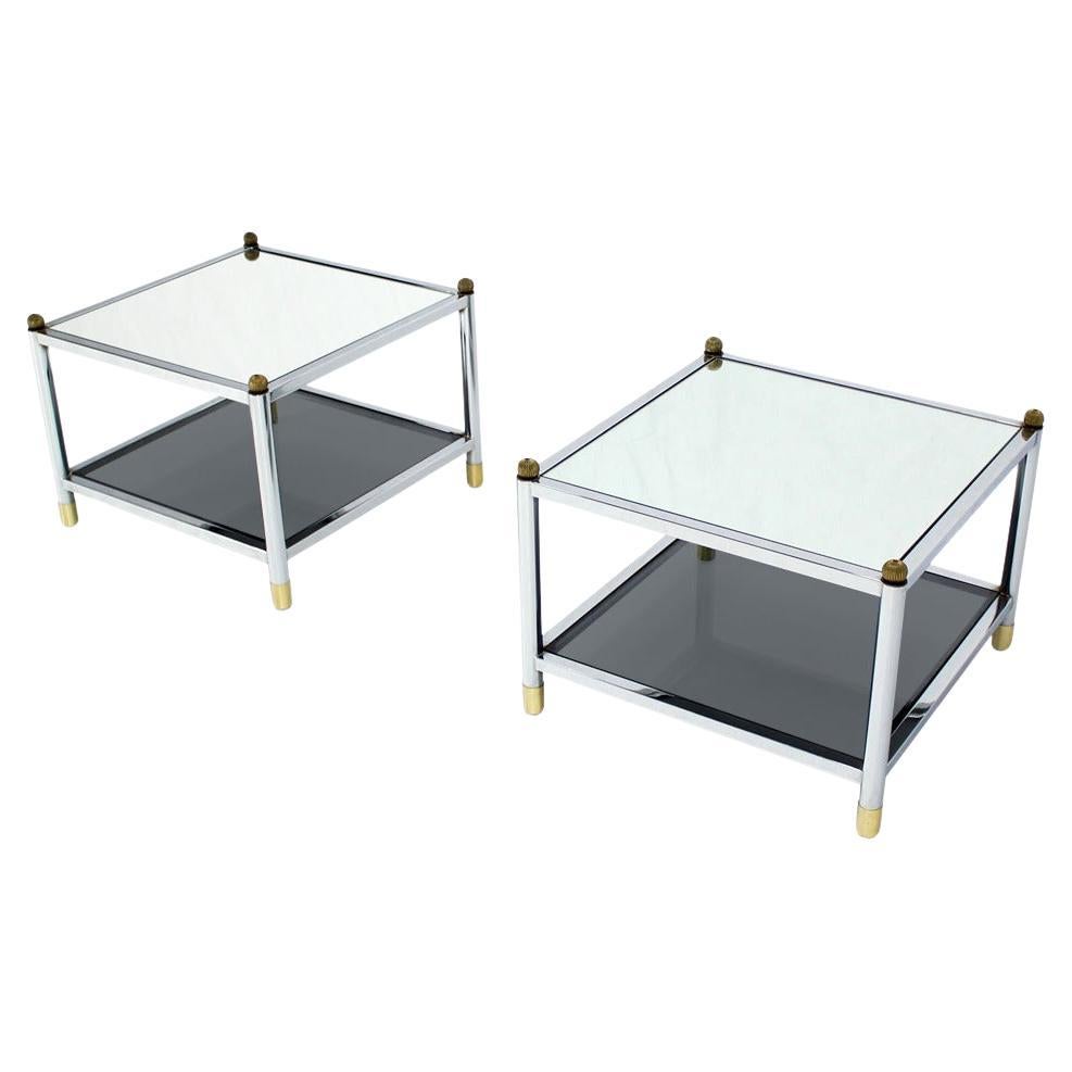 Pair Square Chrome & Brass Smoked Glass Shelf Mirrored Top End Side Tables MINT! For Sale