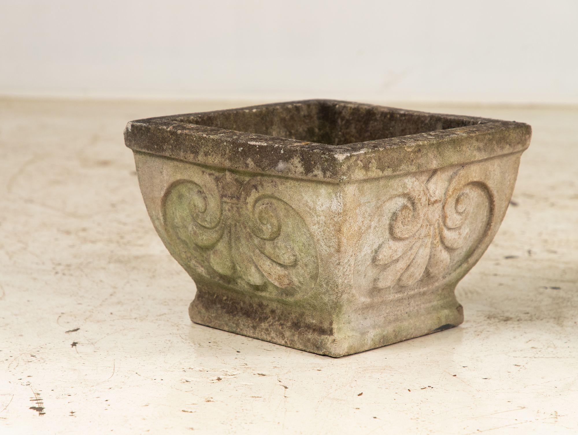 Pair Square Concrete Stone Planters with Shell Pattern, France mid 20th C. For Sale 5
