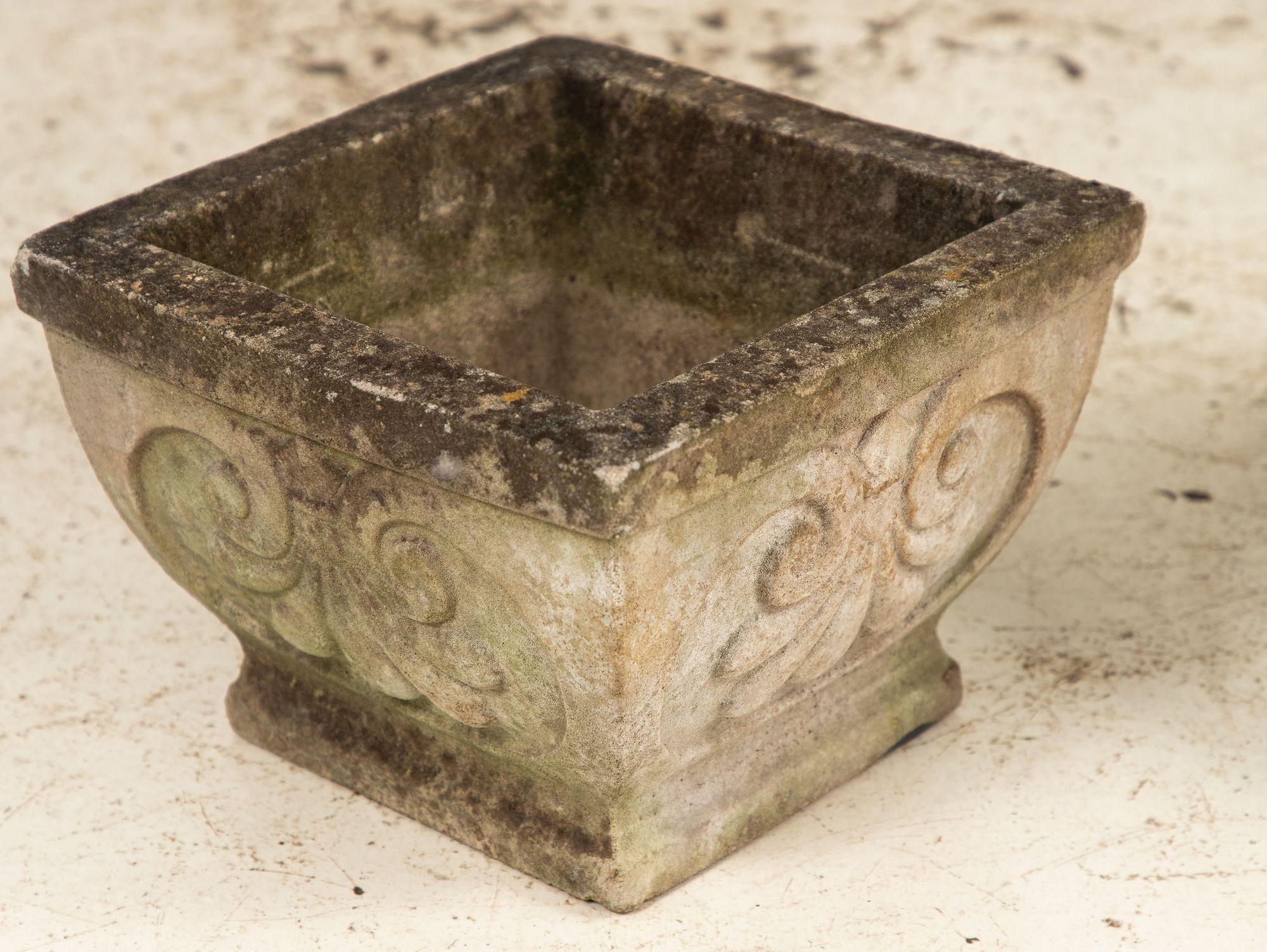 Pair Square Concrete Stone Planters with Shell Pattern, France mid 20th C. For Sale 7