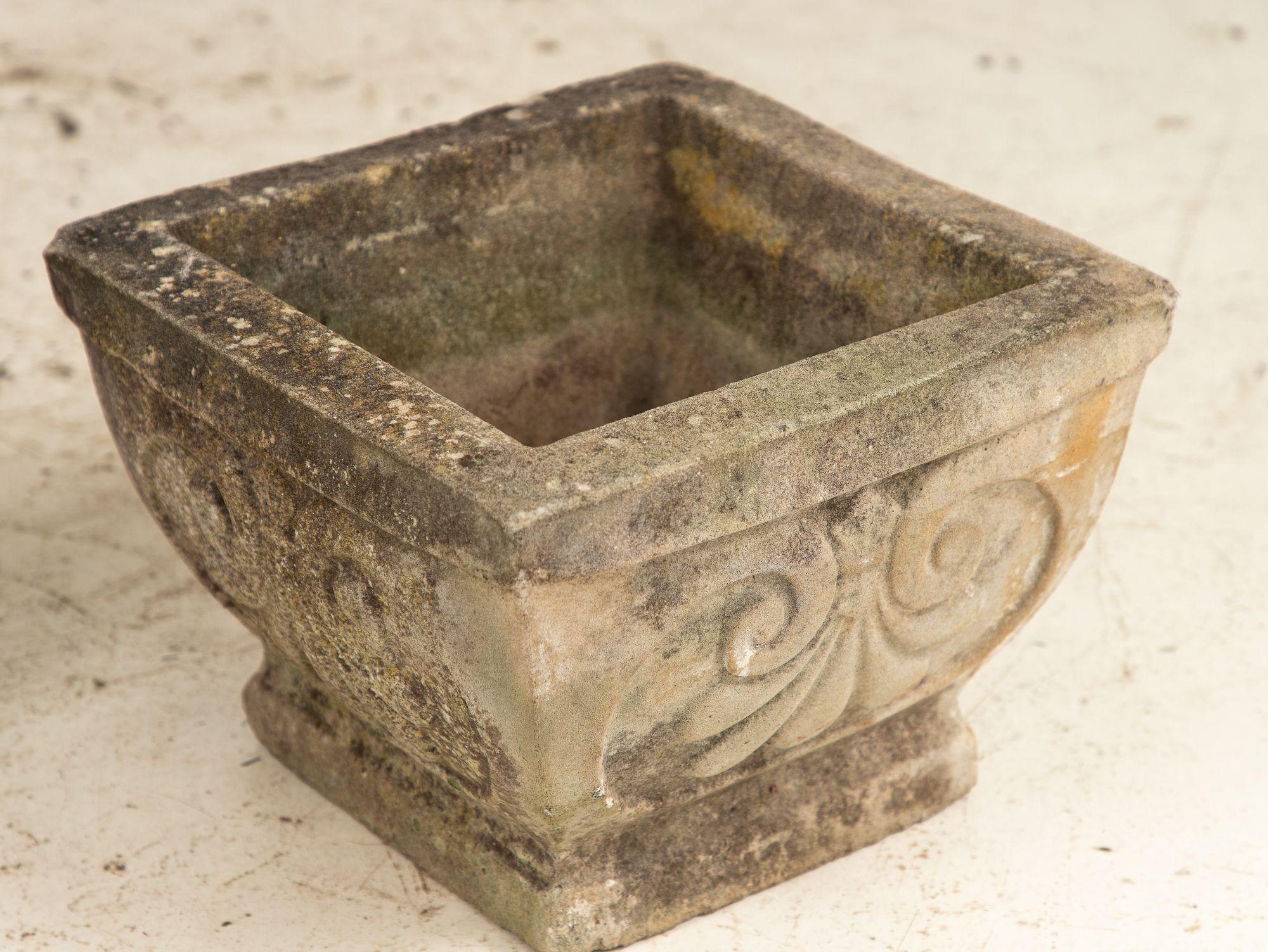 Pair Square Concrete Stone Planters with Shell Pattern, France mid 20th C. For Sale 8