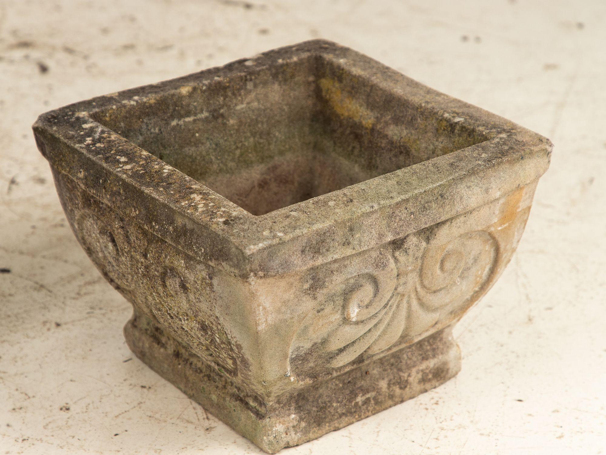 Pair Square Concrete Stone Planters with Shell Pattern, France mid 20th C. For Sale 9