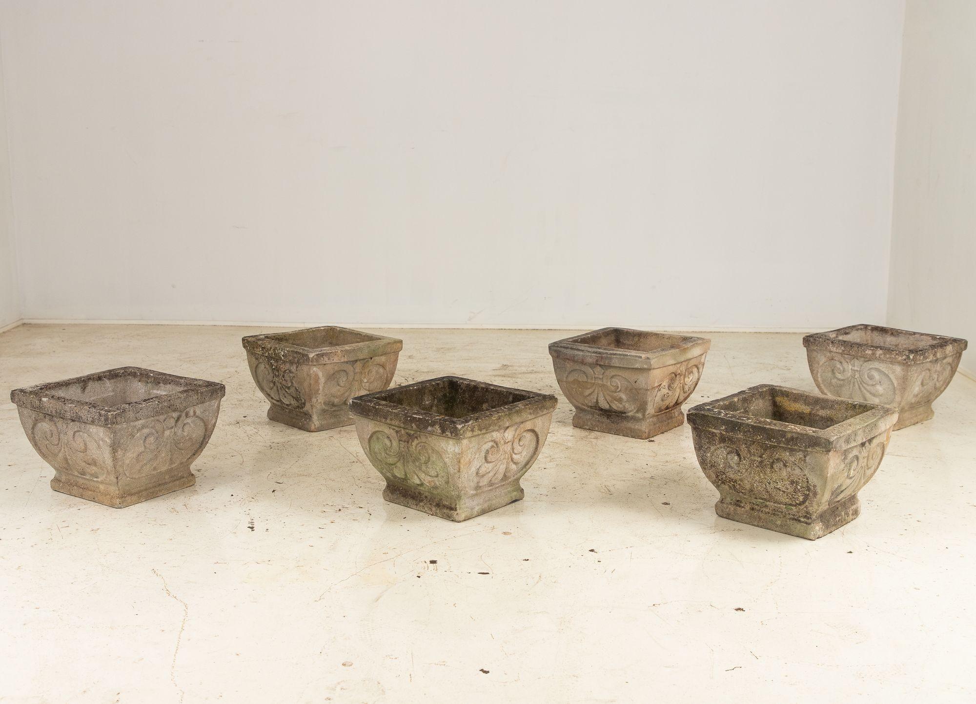 Pair Square Concrete Stone Planters with Shell Pattern, France mid 20th C. For Sale 10