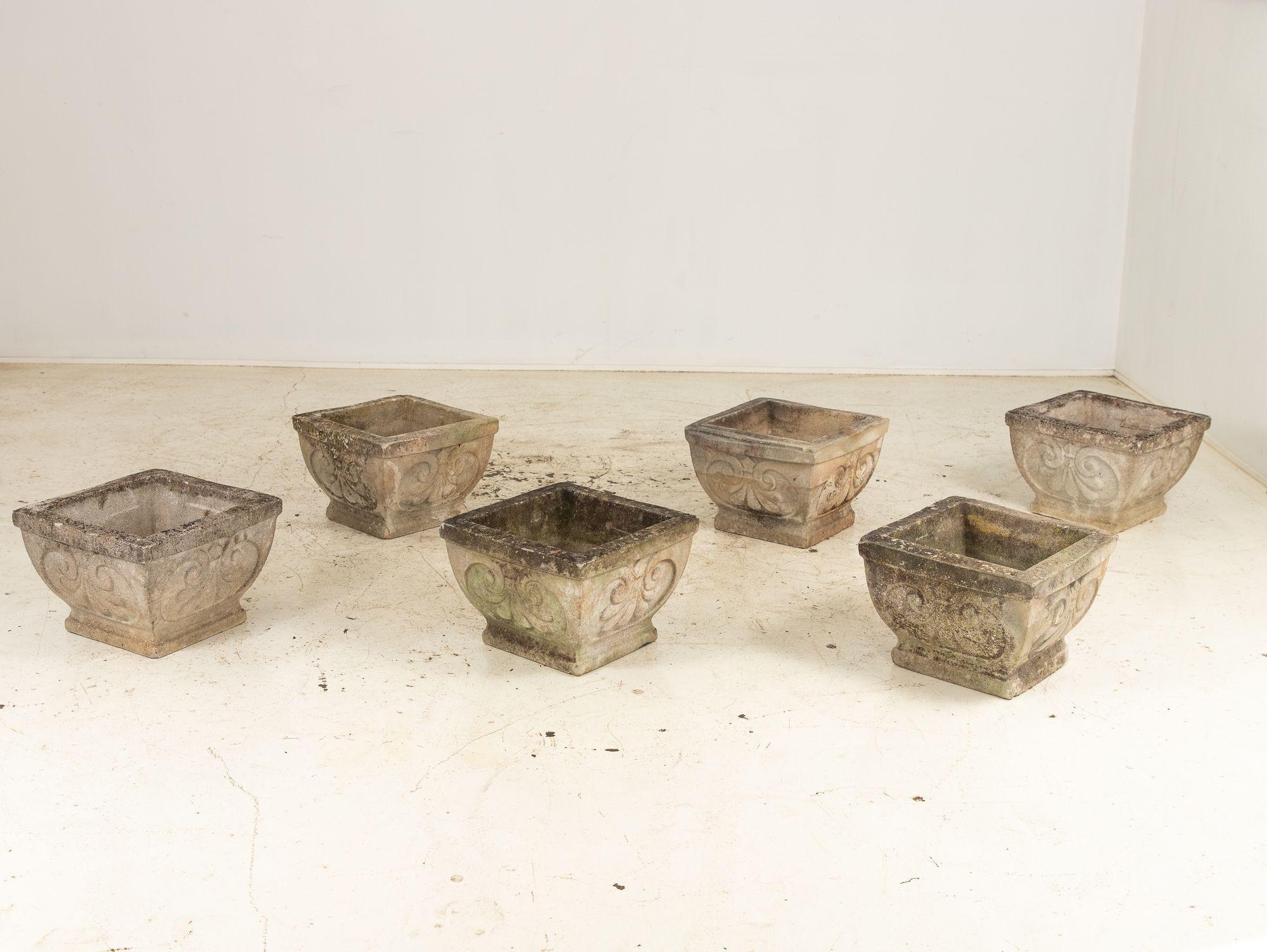 Pair Square Concrete Stone Planters with Shell Pattern, France mid 20th C. For Sale 11