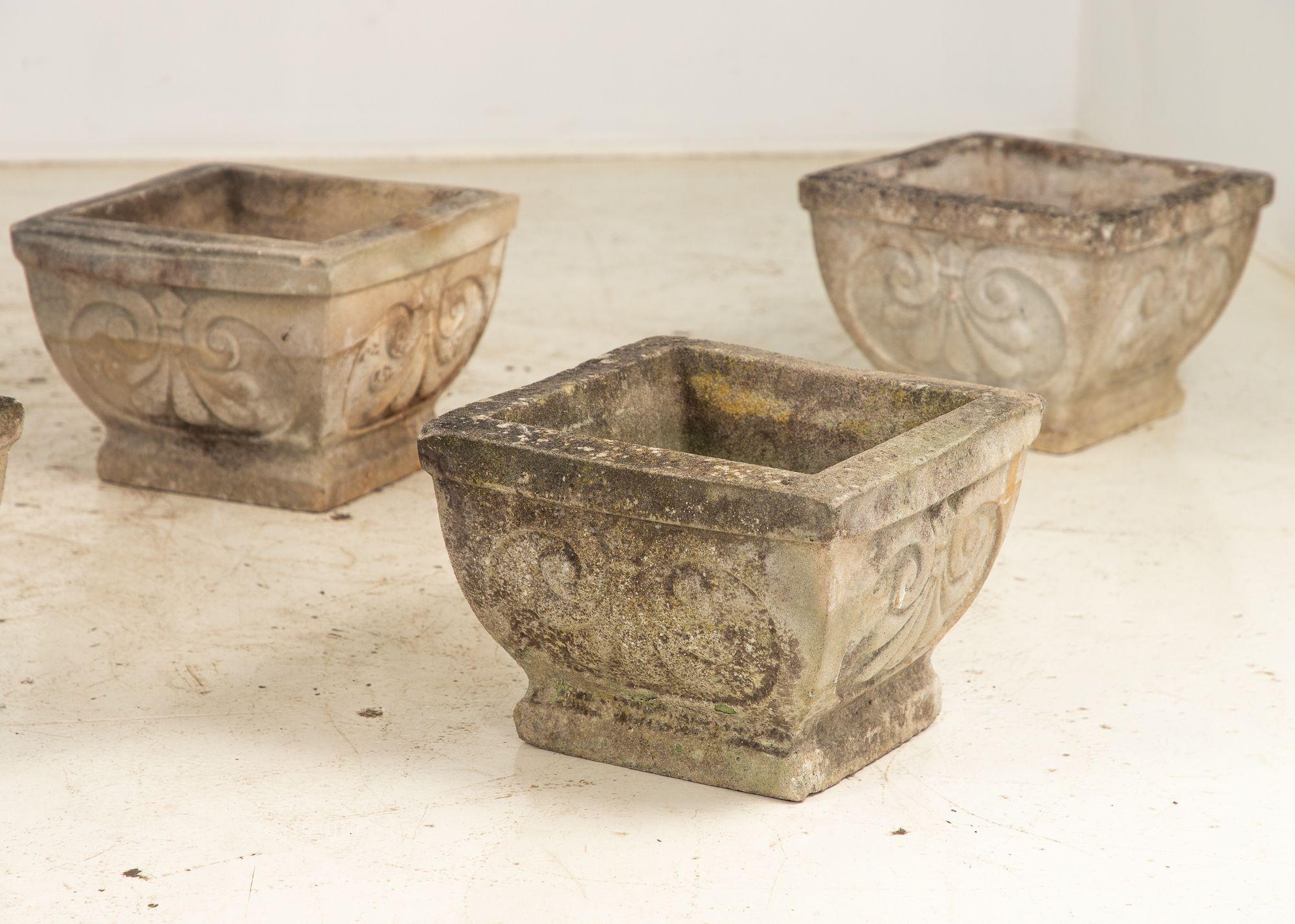 Pair Square Concrete Stone Planters with Shell Pattern, France mid 20th C. For Sale 12