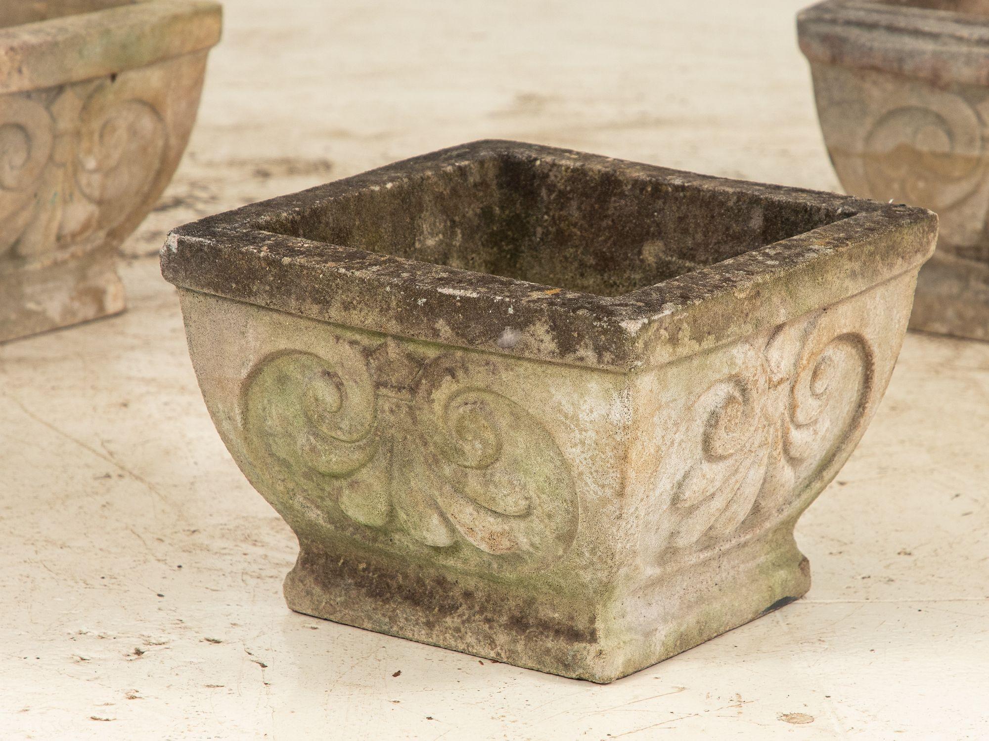 Pair Square Concrete Stone Planters with Shell Pattern, France mid 20th C. For Sale 13