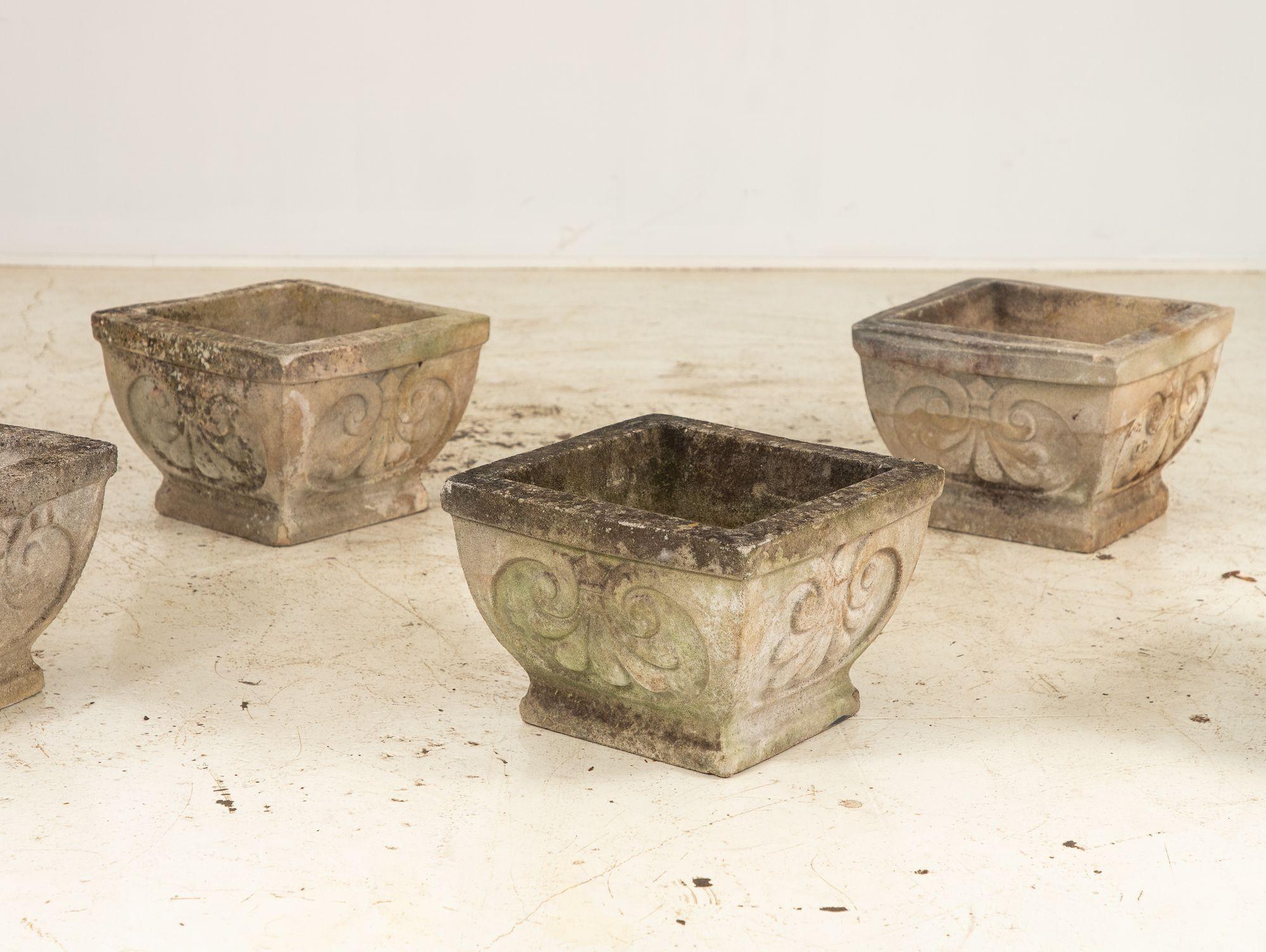 Pair Square Concrete Stone Planters with Shell Pattern, France mid 20th C. For Sale 14