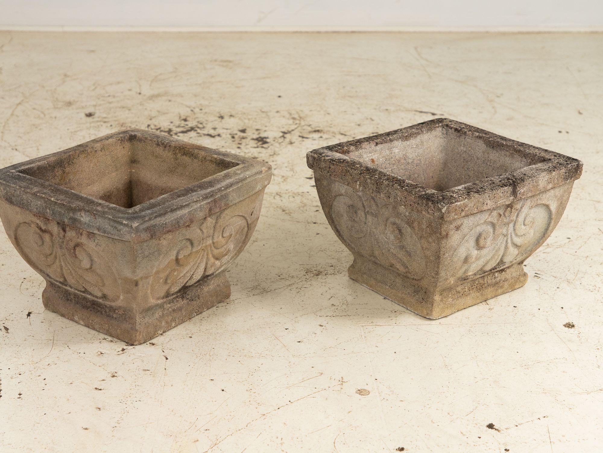 French Pair Square Concrete Stone Planters with Shell Pattern, France mid 20th C.