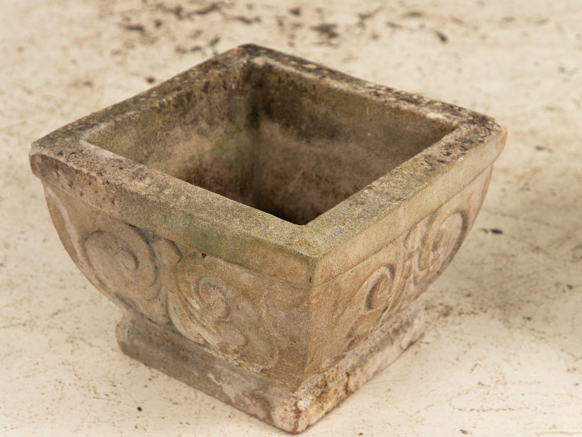 Pair Square Concrete Stone Planters with Shell Pattern, France mid 20th C. In Good Condition For Sale In South Salem, NY