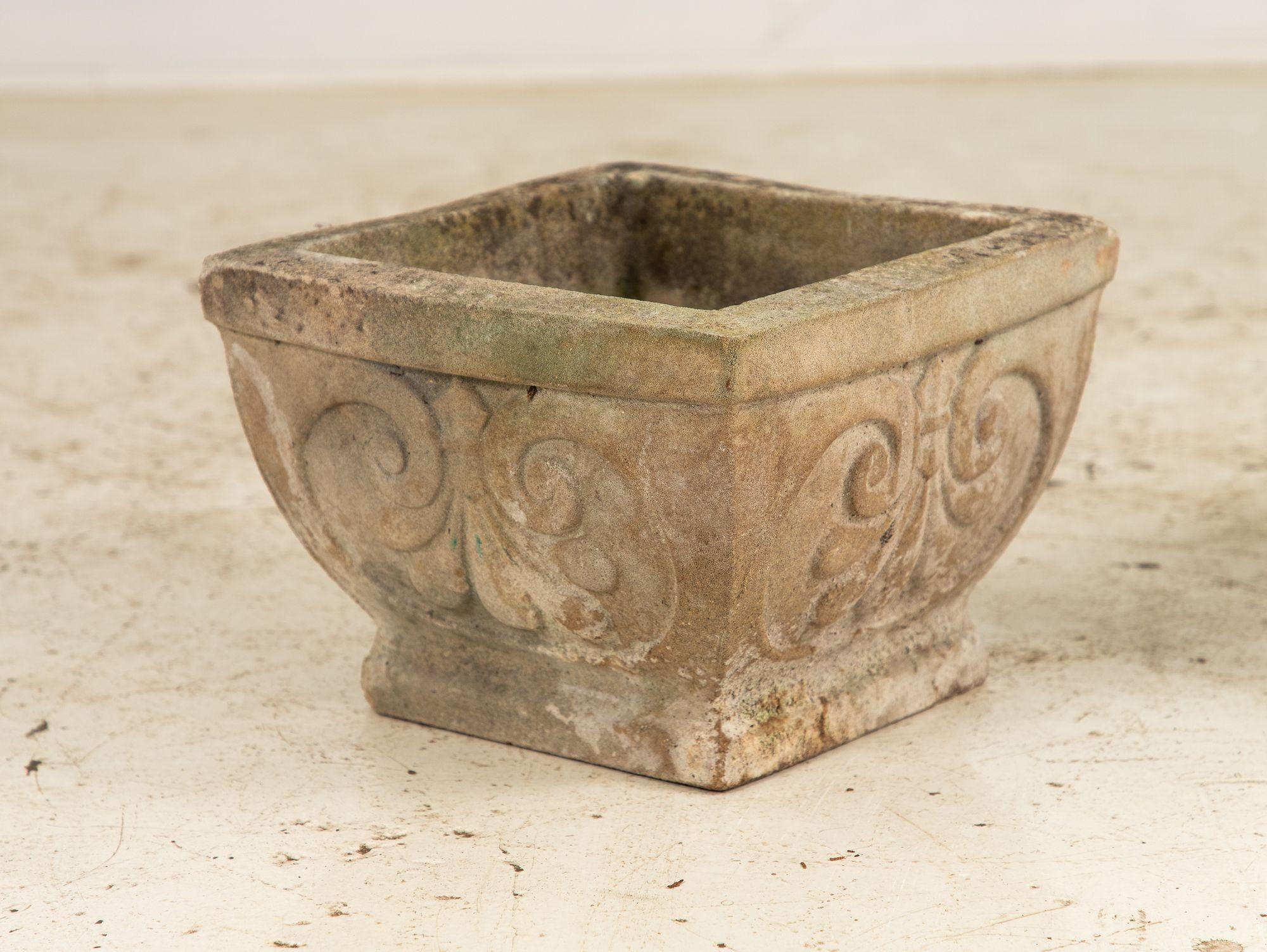 Mid-20th Century Pair Square Concrete Stone Planters with Shell Pattern, France mid 20th C. For Sale