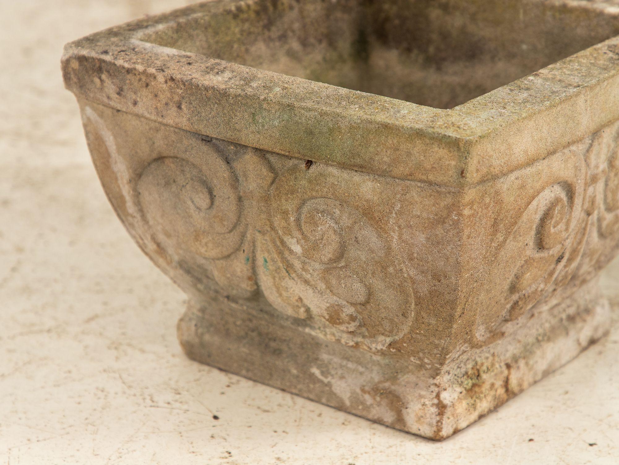 Pair Square Concrete Stone Planters with Shell Pattern, France mid 20th C. For Sale 1