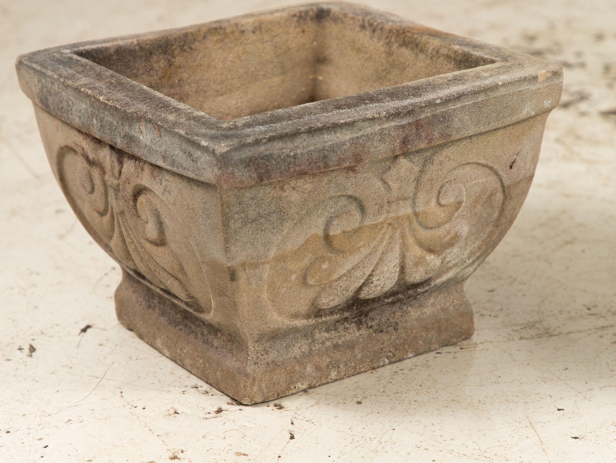 Pair Square Concrete Stone Planters with Shell Pattern, France mid 20th C. 1