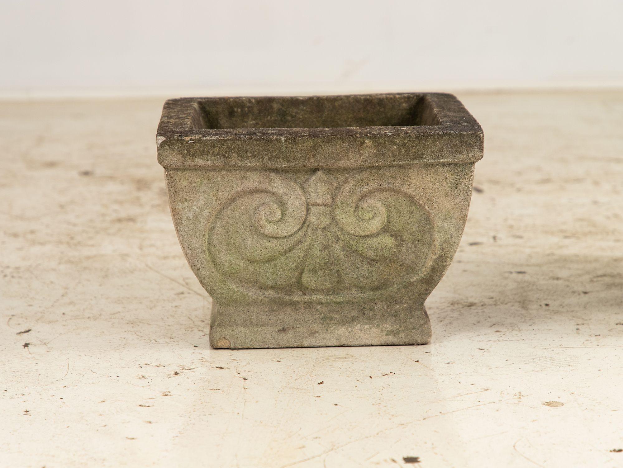 Pair Square Concrete Stone Planters with Shell Pattern, France mid 20th C. For Sale 2