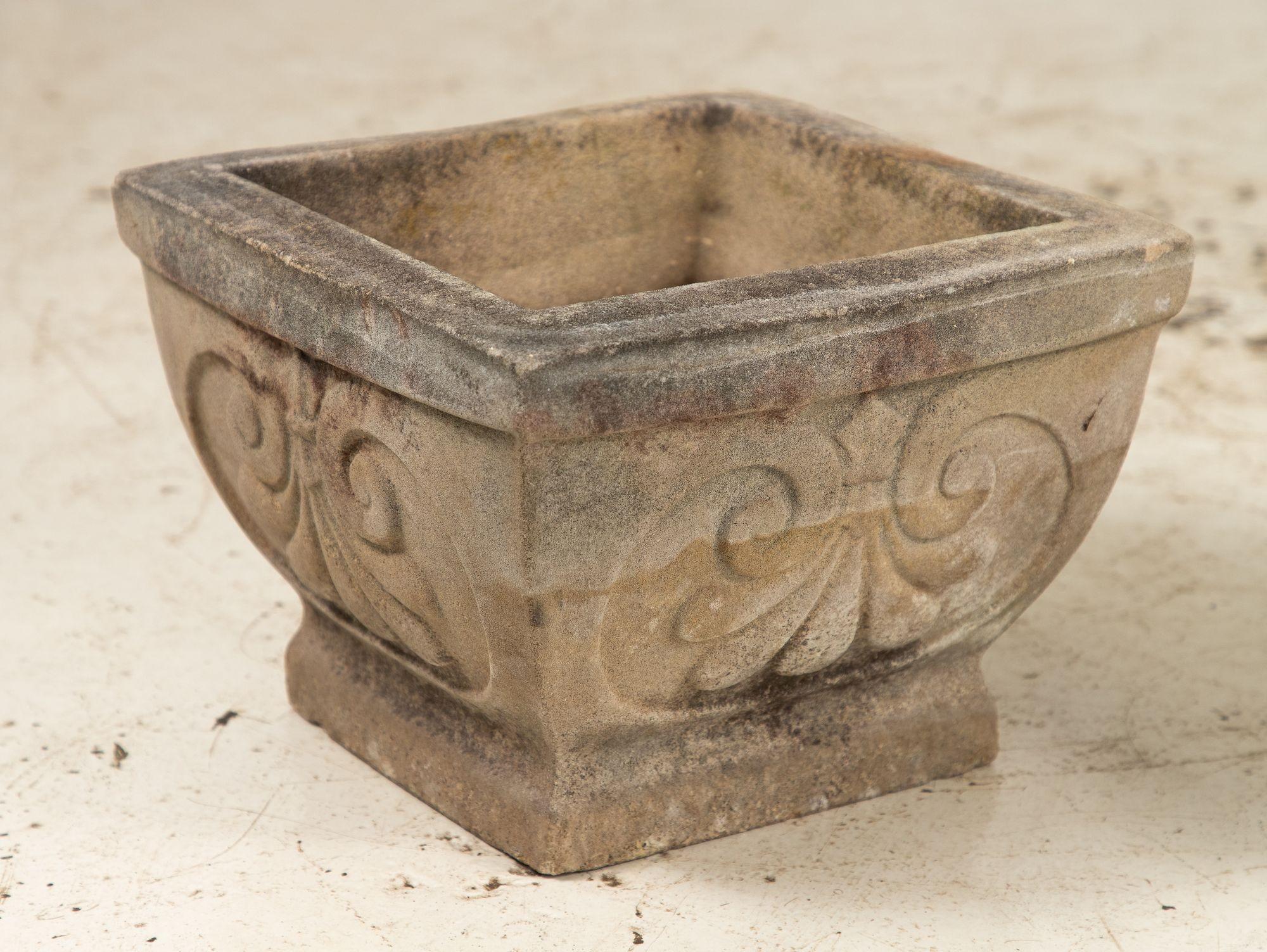 Pair Square Concrete Stone Planters with Shell Pattern, France mid 20th C. 2