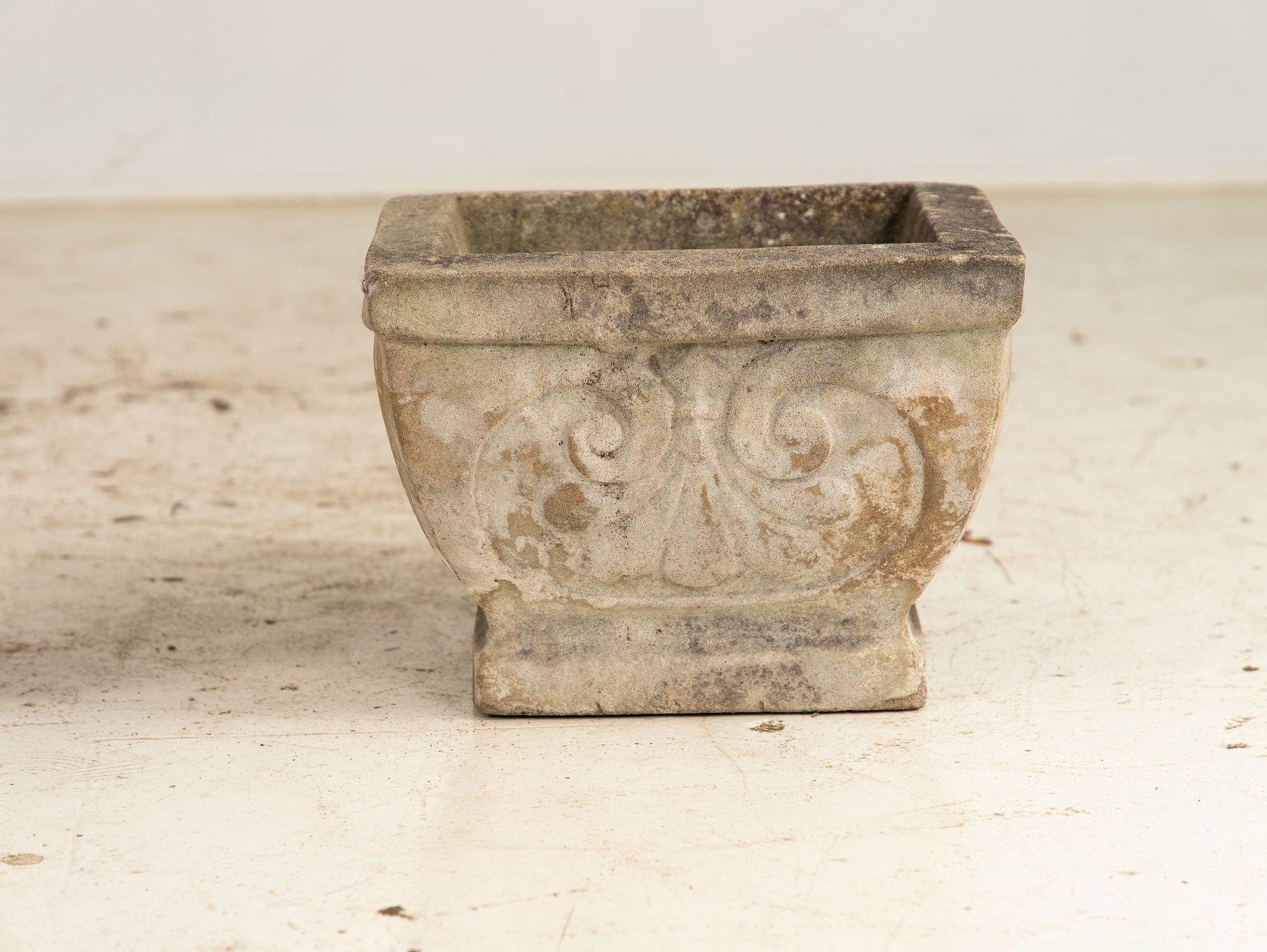 Pair Square Concrete Stone Planters with Shell Pattern, France mid 20th C. For Sale 3