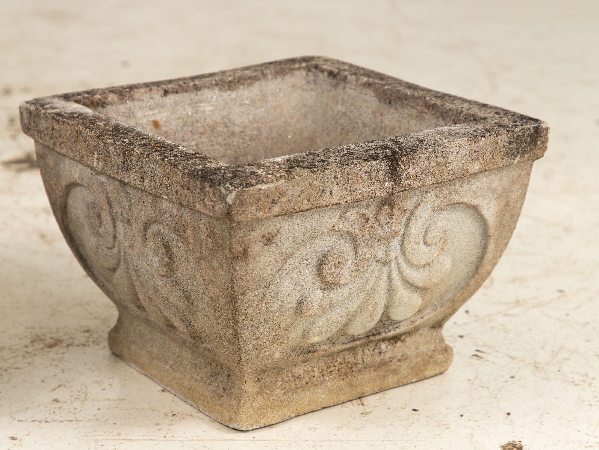 Pair Square Concrete Stone Planters with Shell Pattern, France mid 20th C. 3
