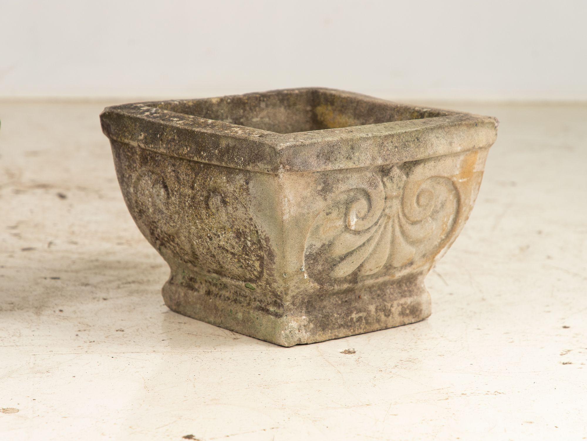 Pair Square Concrete Stone Planters with Shell Pattern, France mid 20th C. 4