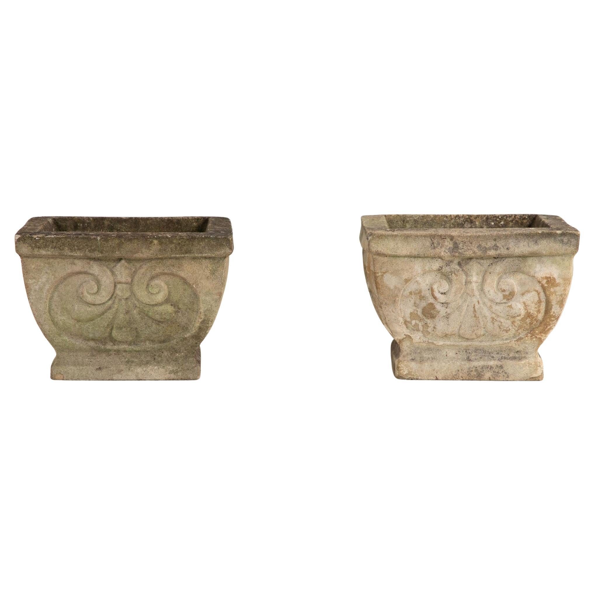 Pair Square Concrete Stone Planters with Shell Pattern, France mid 20th C. For Sale