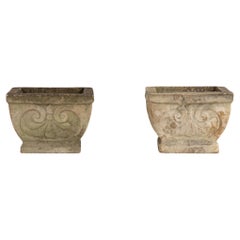 Pair Square Concrete Stone Planters with Shell Pattern, France mid 20th C.