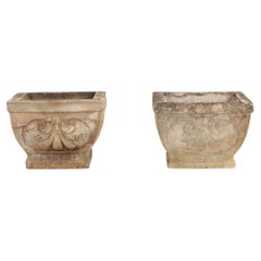 Pair Square Concrete Stone Planters with Shell Pattern, France mid 20th C.
