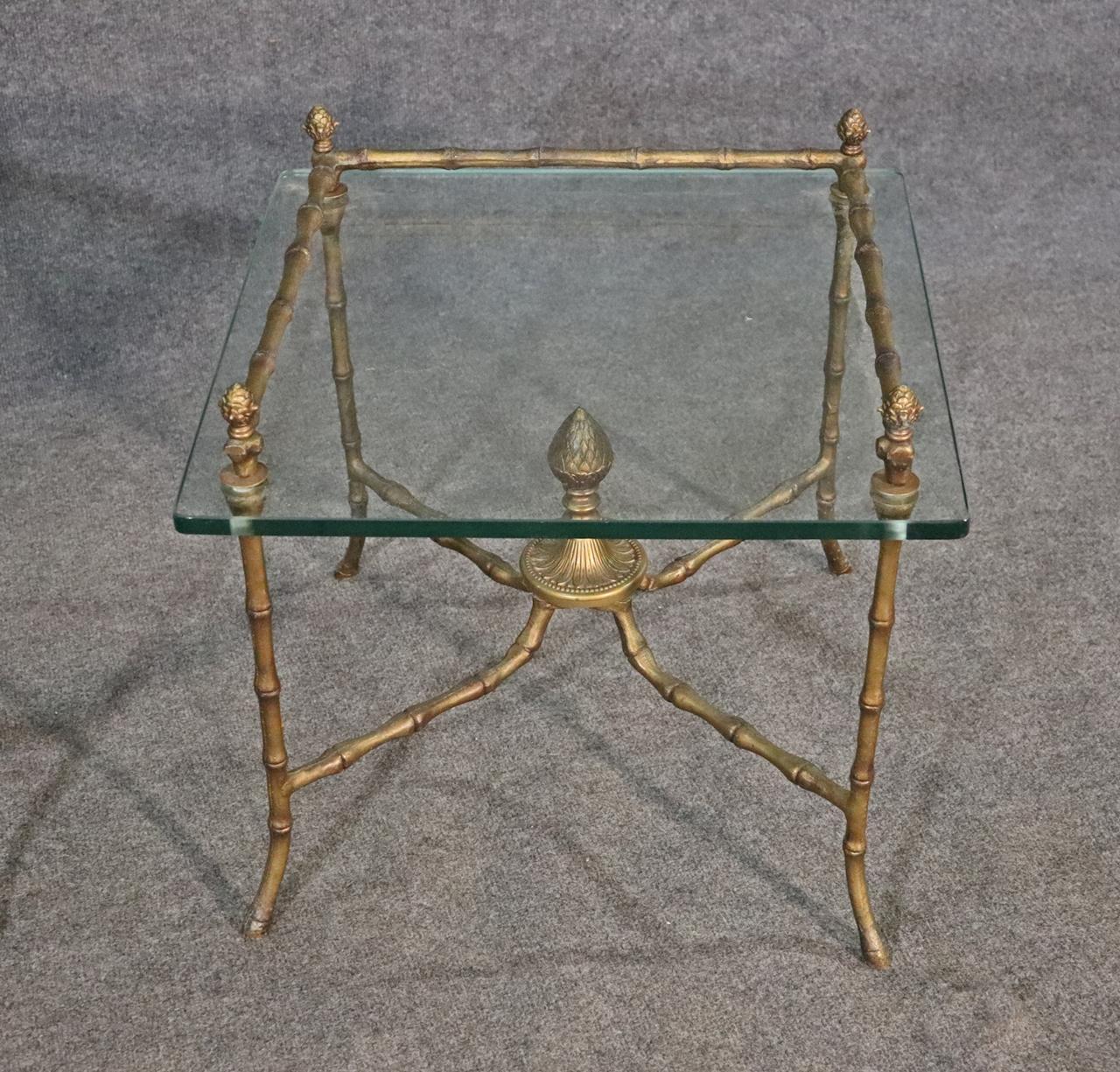 French Pair Square Glass and Bronze Bagues Style Faux Bamboo End Tables, circa 1960 For Sale