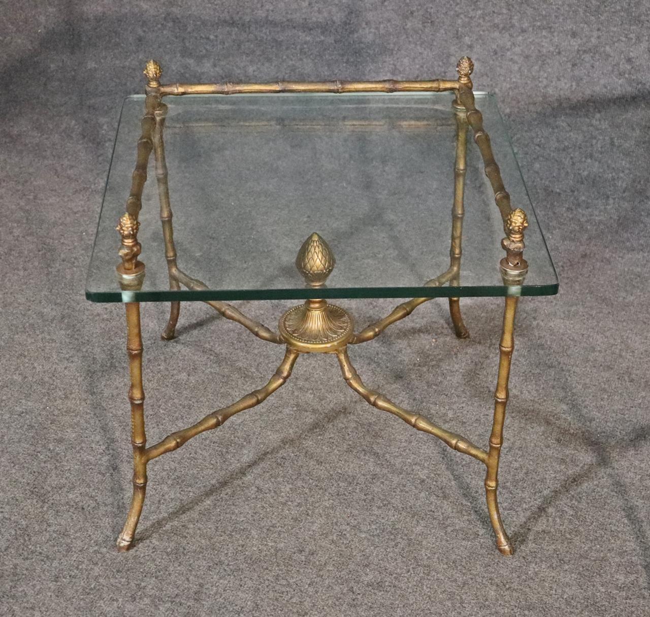 Pair Square Glass and Bronze Bagues Style Faux Bamboo End Tables, circa 1960 In Good Condition For Sale In Swedesboro, NJ