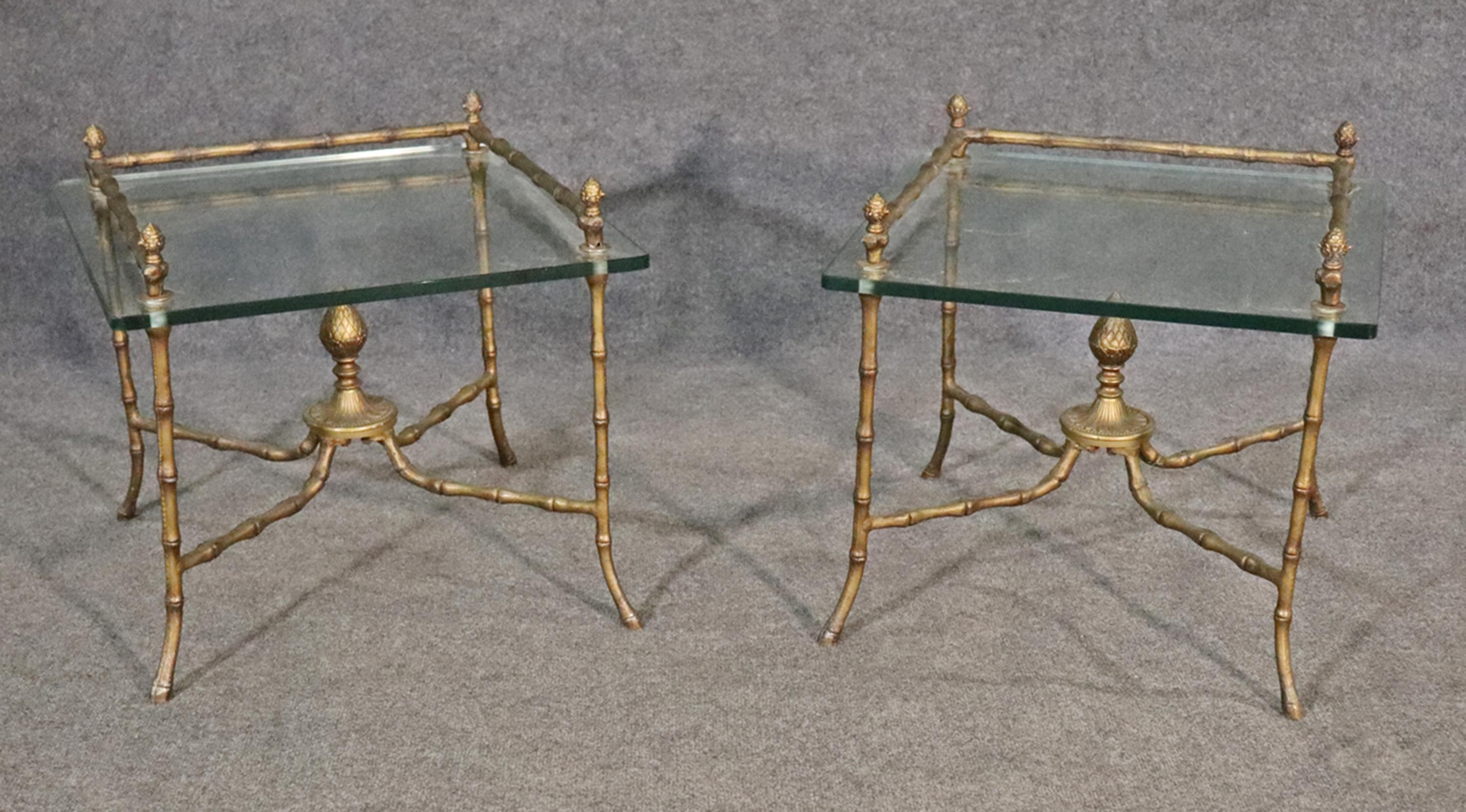 Mid-20th Century Pair Square Glass and Bronze Bagues Style Faux Bamboo End Tables, circa 1960 For Sale