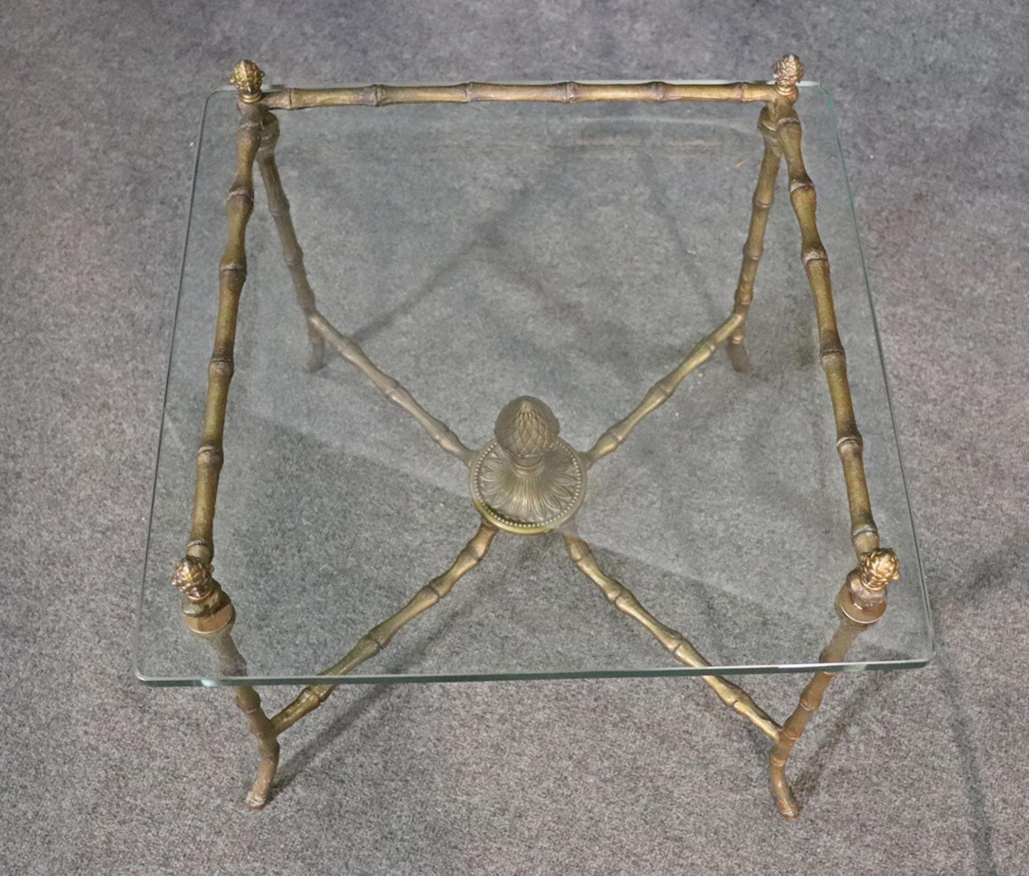 Pair Square Glass and Bronze Bagues Style Faux Bamboo End Tables, circa 1960 For Sale 1