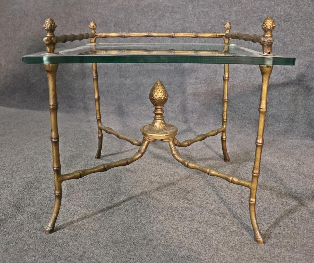 Pair Square Glass and Bronze Bagues Style Faux Bamboo End Tables, circa 1960 For Sale 2
