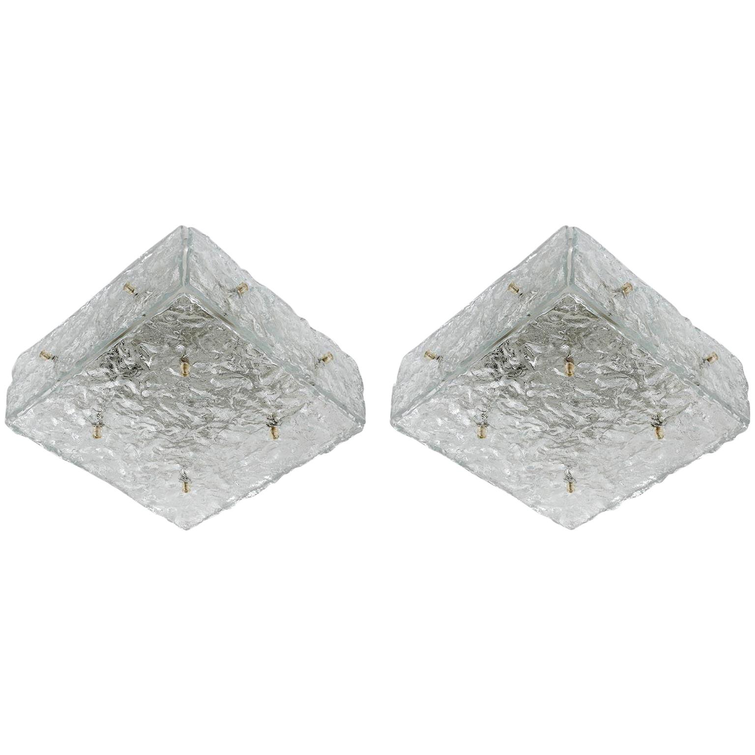 Ein Paar quadratische Kalmar Textured Glass Flush Mount Lights oder Sconces, 1970