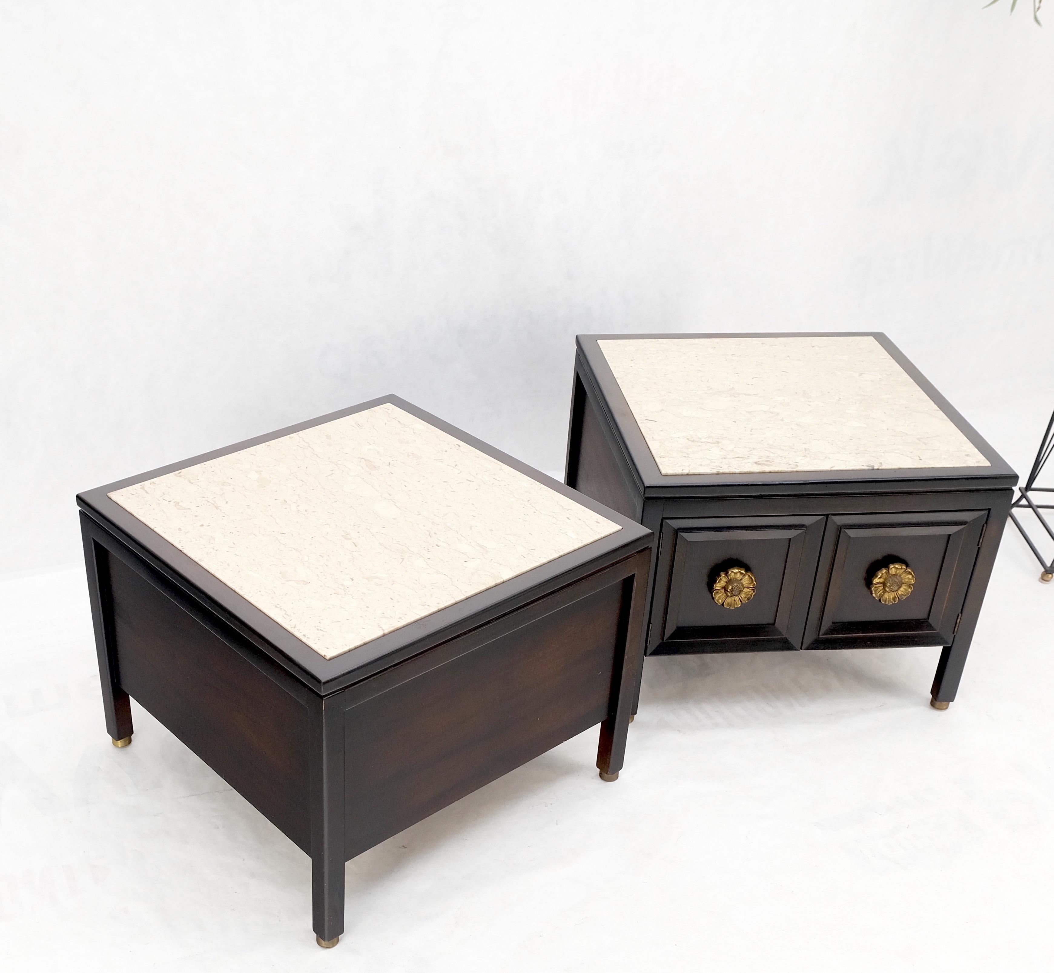 Pair square marble top 2 door nightstands end tables large decorative pulls brass feet tips mint.