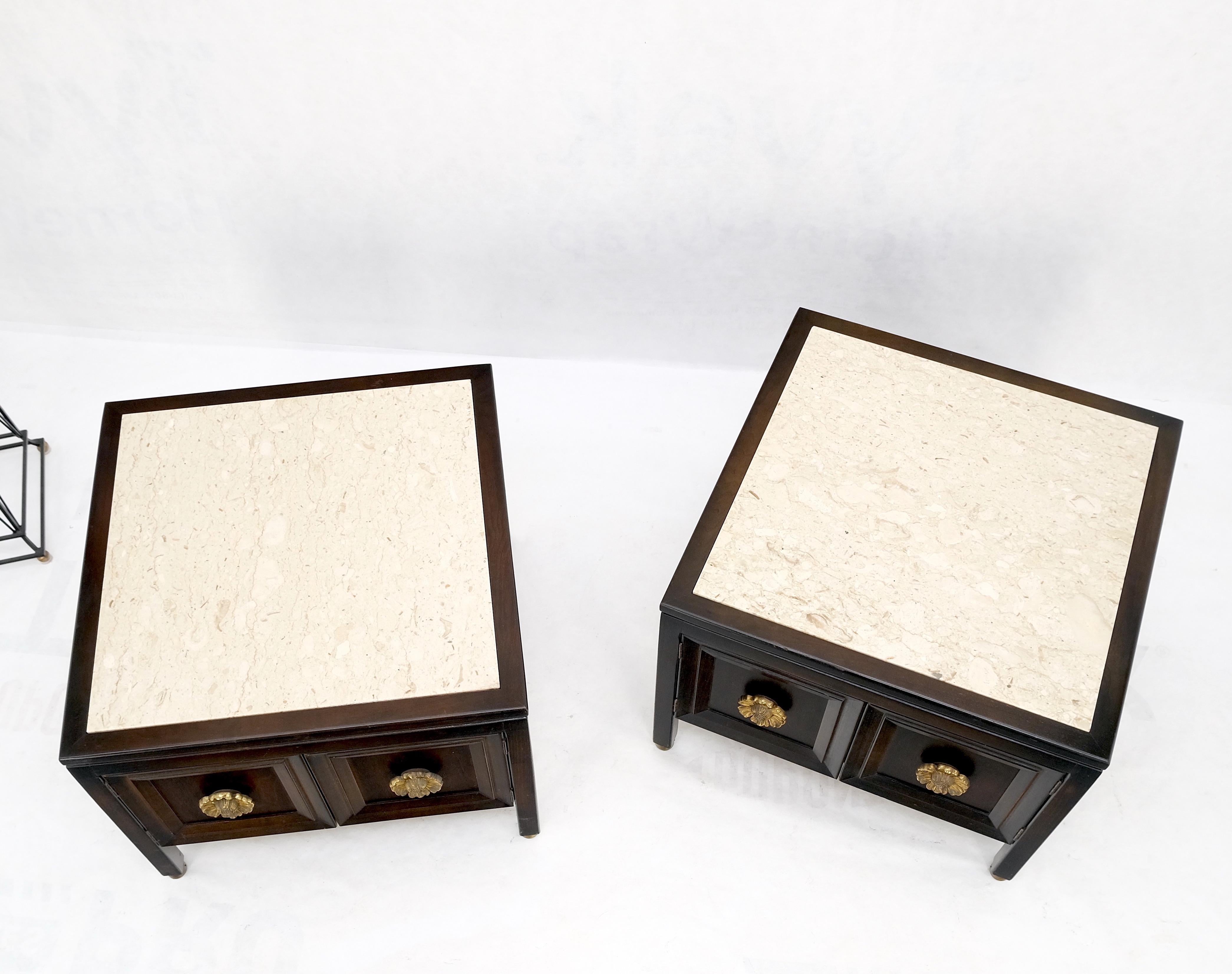 20th Century Pair Square Marble Top 2 Door Nightstands End Tables Large Decorative Pulls Mint For Sale