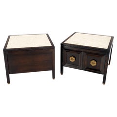 Pair Square Marble Top 2 Door Nightstands End Tables Large Decorative Pulls Mint