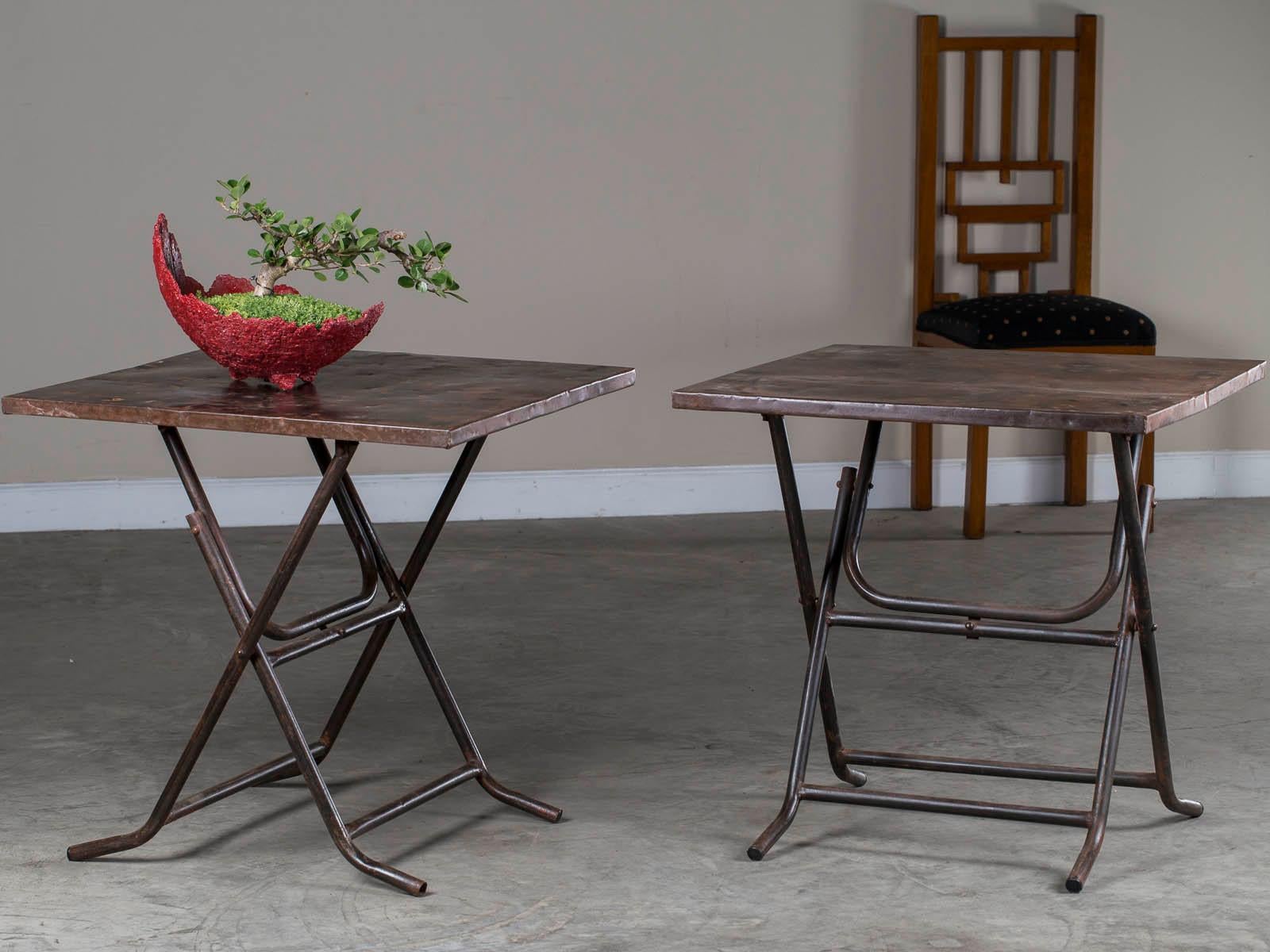 Industrial Pair of Square Metal Folding Tables Tubular Metal Legs Found in Asia