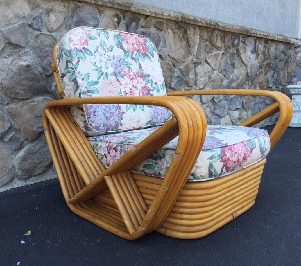 Mid-Century Modern Pair Square Pretzel Rattan Lounge Chairs Style of Paul Frankl For Sale