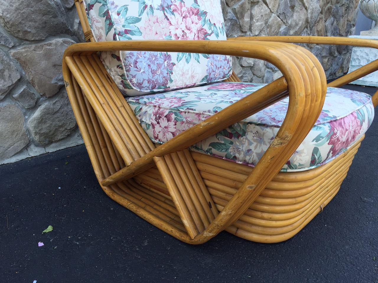 Mid-20th Century Pair Square Pretzel Rattan Lounge Chairs Style of Paul Frankl For Sale