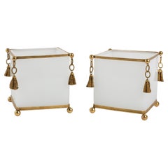 Pair Square shaped Baccarat White Opaline Jardinières with Gilt-Bronze Tassels