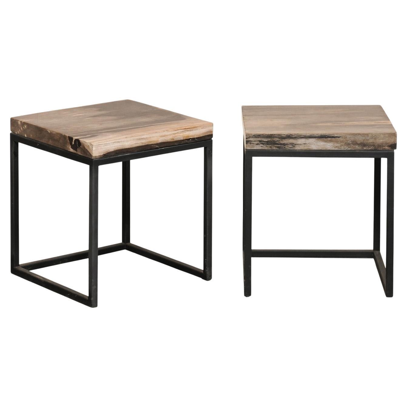 Pair Square-Shaped Petrified Wood Top 
Iron Frame Side Tables For Sale