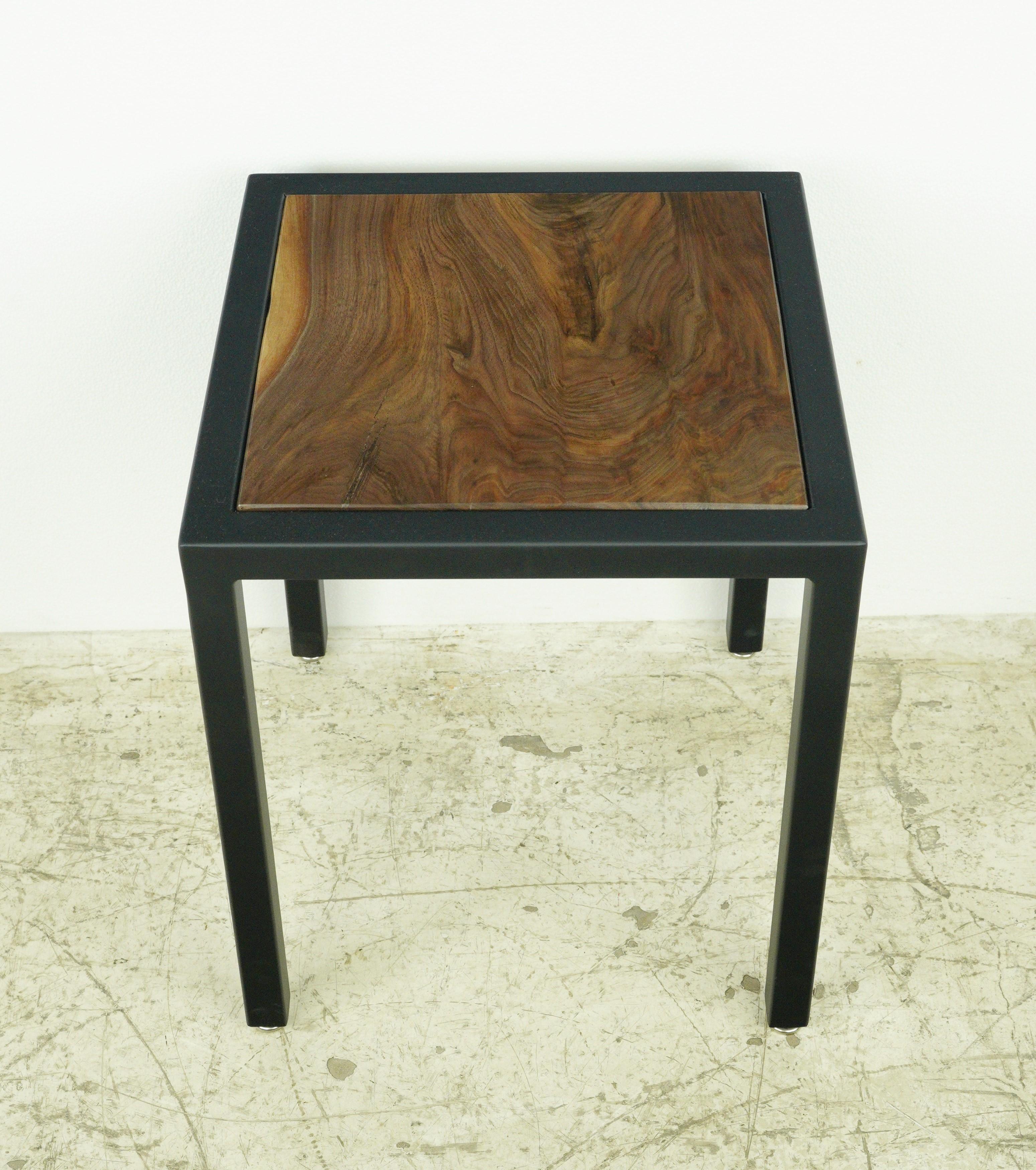 Pair Square Walnut Top Steel Framed Side Tables Modern Style In New Condition For Sale In New York, NY