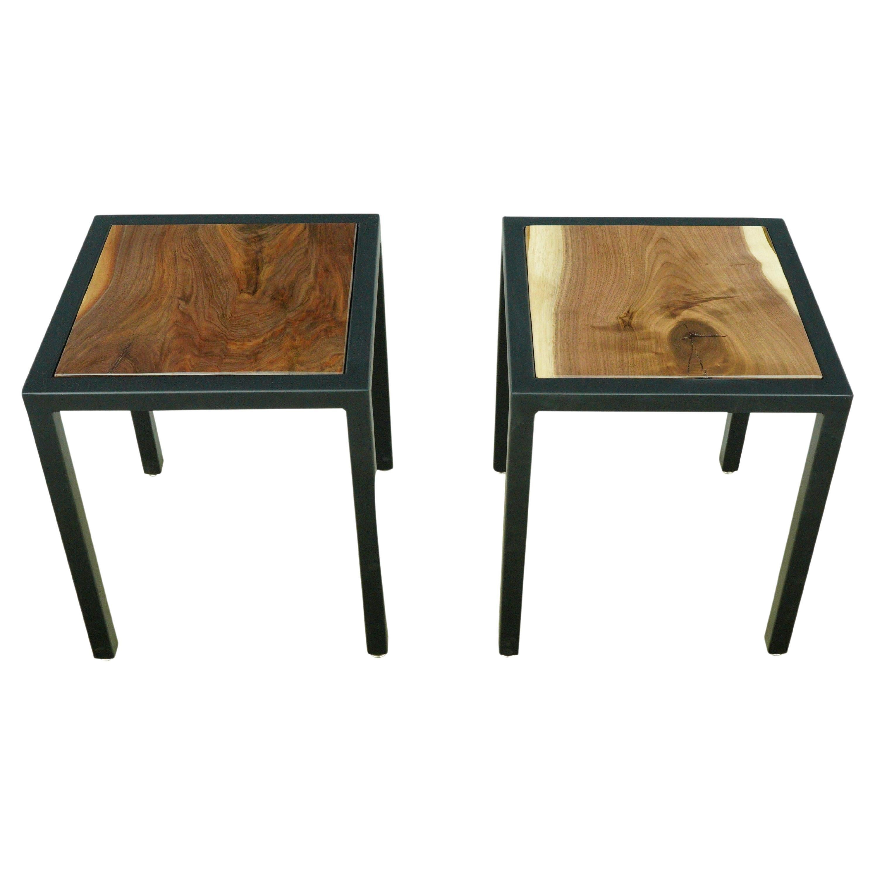 Pair Square Walnut Top Steel Framed Side Tables Modern Style For Sale