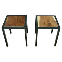 Pair Square Walnut Top Steel Framed Side Tables Modern Style