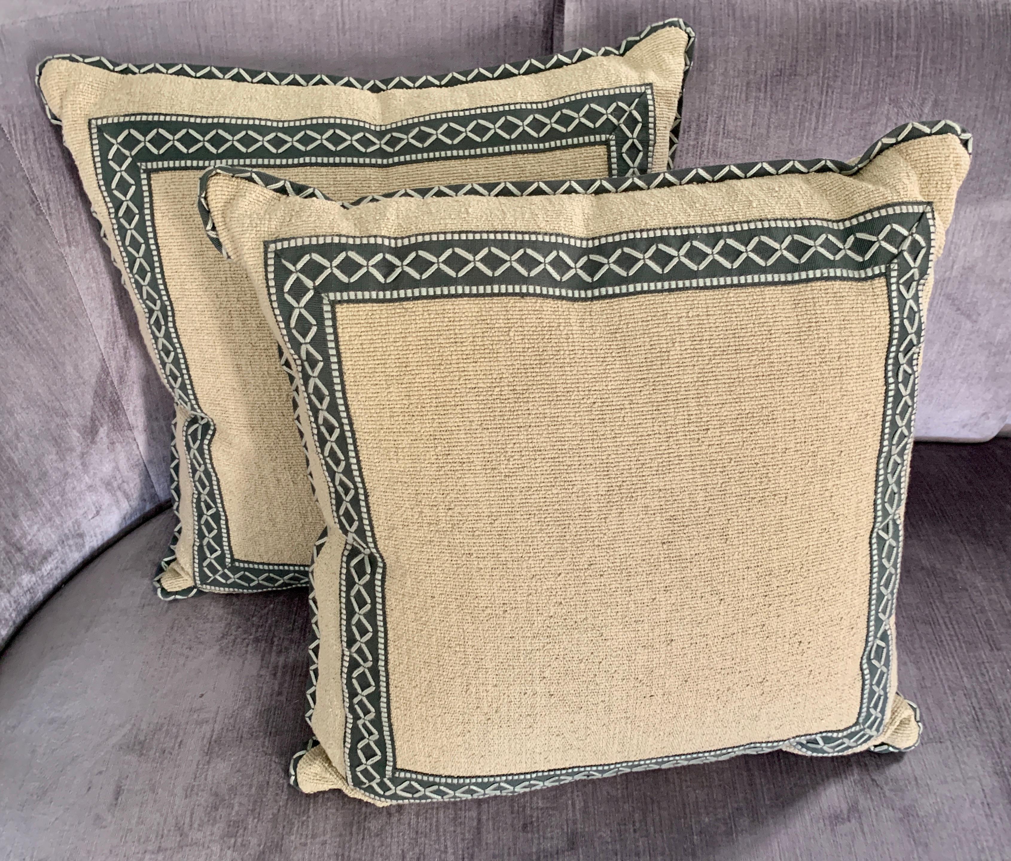 Pair of Square Woven Pillows with Custom Trim and Edging In Good Condition For Sale In Los Angeles, CA