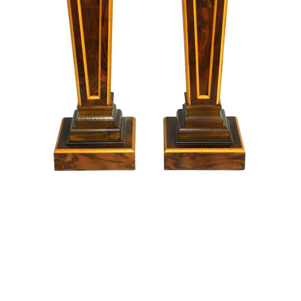 Hand-Carved  Pair Squared Top/  Burlwood Continental inlaid display pedestals For Sale