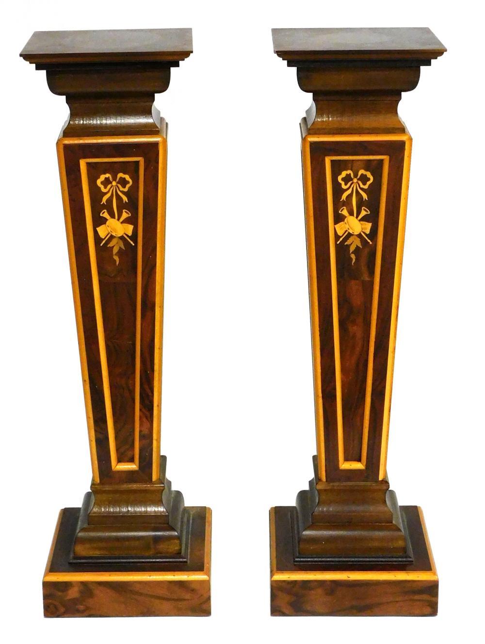 Wood  Pair Squared Top/  Burlwood Continental inlaid display pedestals For Sale
