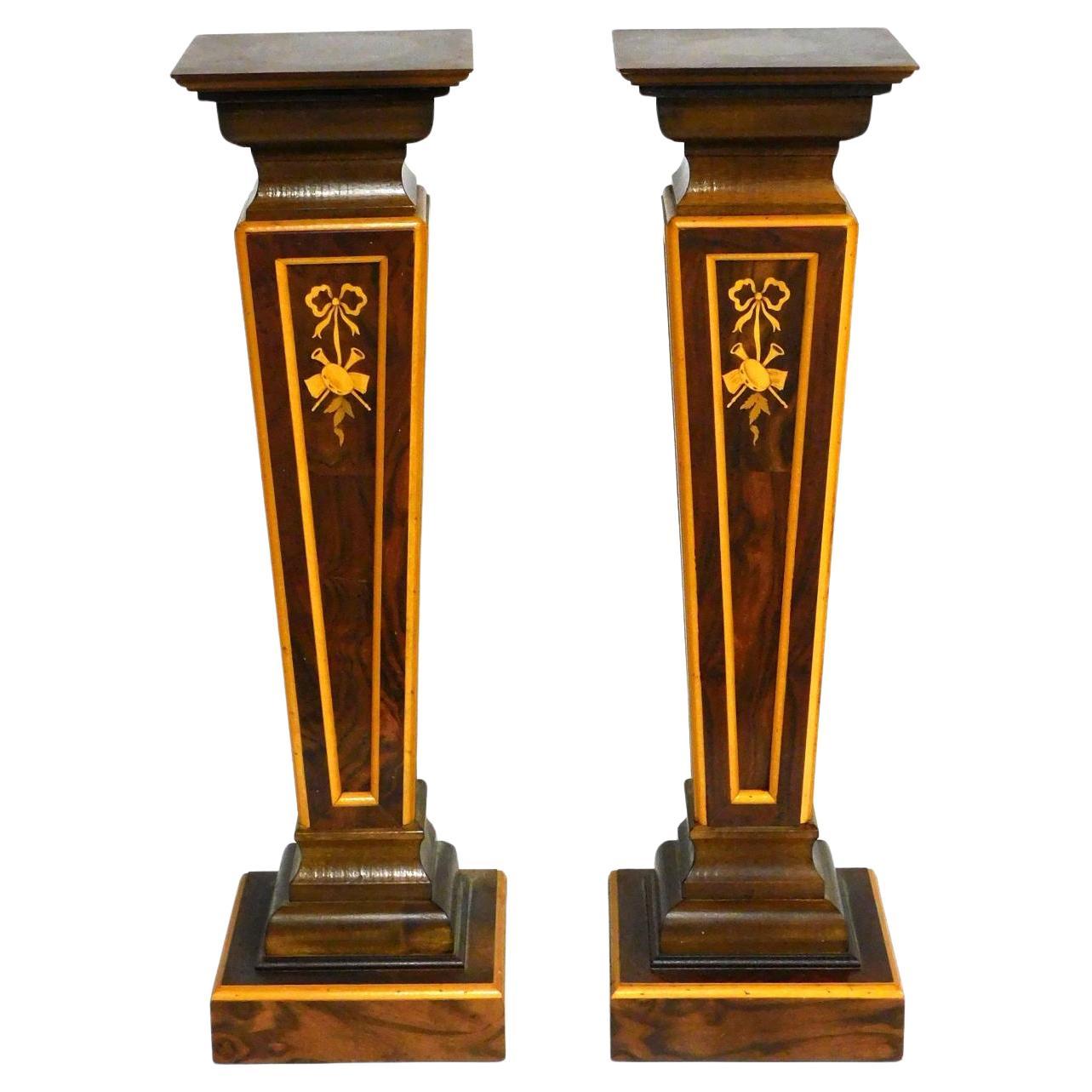  Pair Squared Top/  Burlwood Continental inlaid display pedestals For Sale