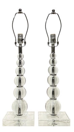Pair Stacked Crystal Glass Ball Table Lamps