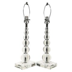 Pair Stacked Crystal Glass Ball Table Lamps