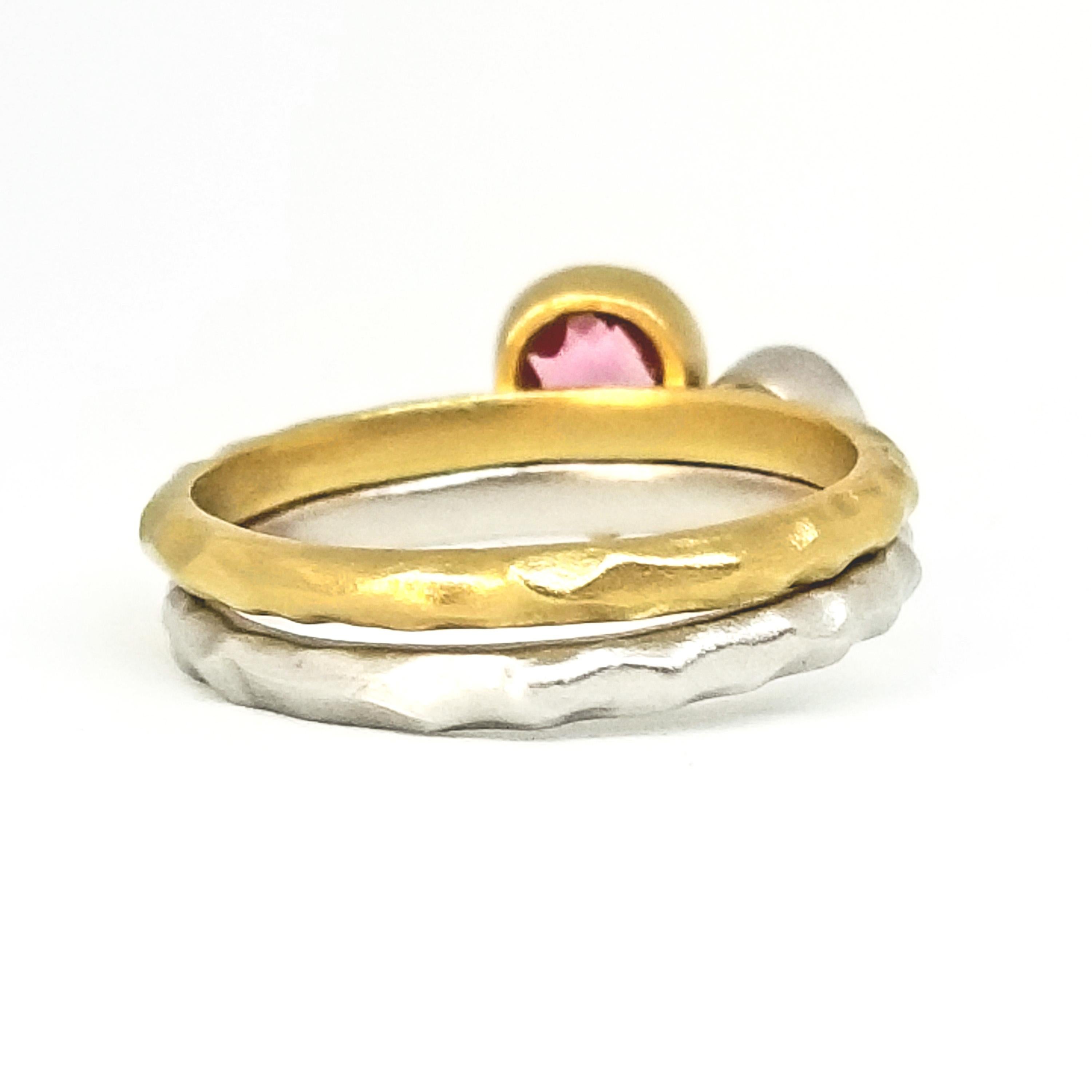 Contemporary Stacking Rings Bezel Set of 2 Blue Sapphire Pink Tourmaline Hammered Matte Gold 