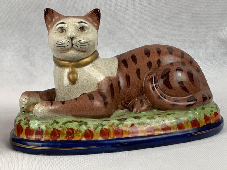 Staffordshire Ceramic Hand Decorated Recumbent Cats A Pair For